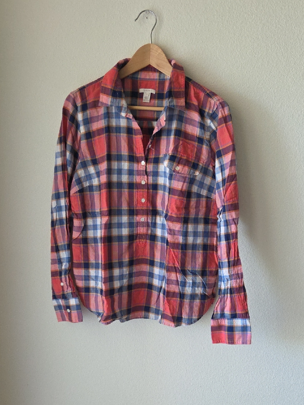 J. Crew Pink, Blue & Yellow Plaid 100% Cotton Shirt Long Sleeve Sz L Casual